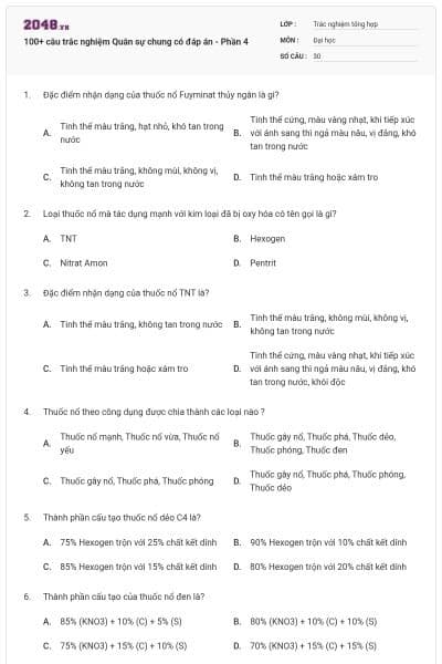 100+ câu trắc nghiệm Quân sự chung có đáp án - Phần 4