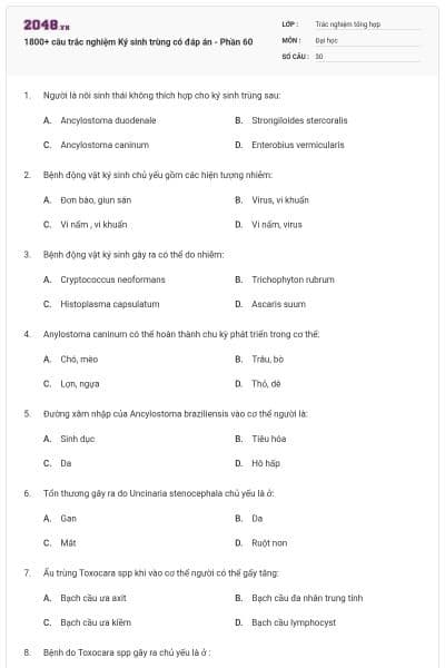 1800+ câu trắc nghiệm Ký sinh trùng có đáp án - Phần 60