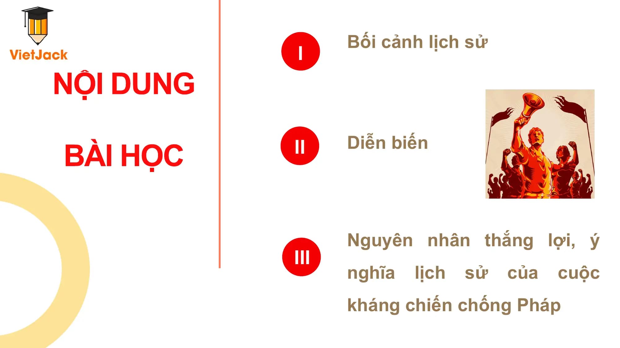 Bối cảnh lịch sử
I

II Diễn biến

 Nguyên nhân thắng lợi, ý
III
 nghĩa lịch sử của cuộc
 kháng chiến chống Pháp