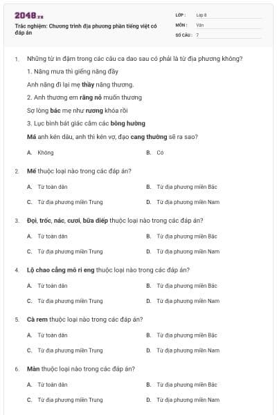 Trắc nghiệm: Chương trình địa phương phần tiếng việt có đáp án