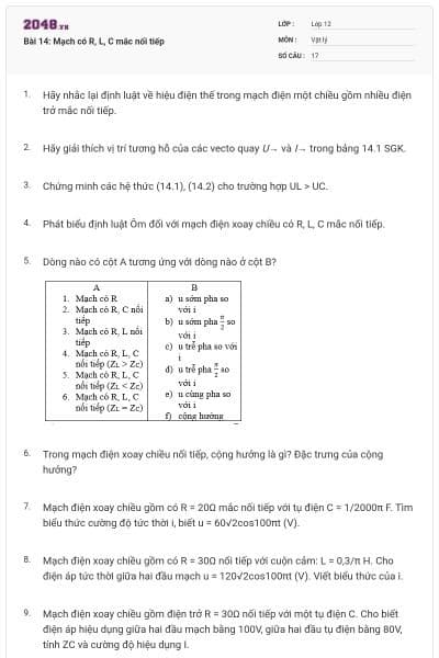Bài 14: Mạch có R, L, C mắc nối tiếp