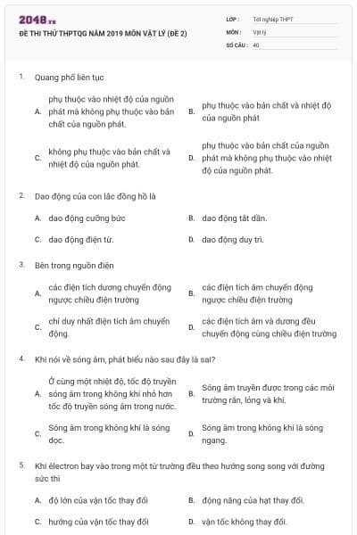 ĐỀ THI THỬ THPTQG NĂM 2019 MÔN VẬT LÝ (ĐỀ 2)