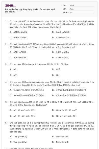 Bài tập Trường hợp đồng dạng thứ ba của tam giác lớp 8 (có lời giải)