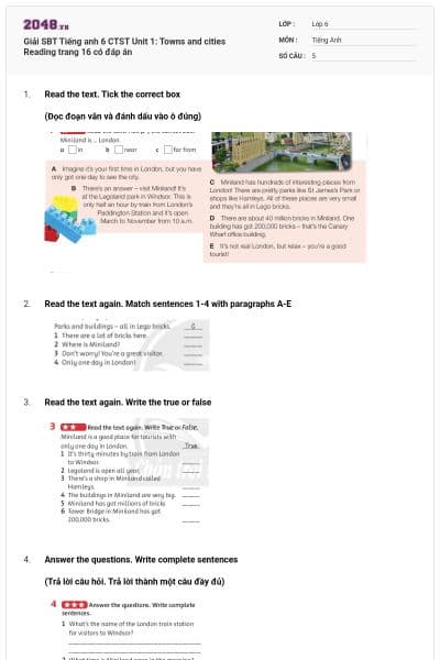 Giải SBT Tiếng anh 6 CTST Unit 1: Towns and cities Reading trang 16 có đáp án