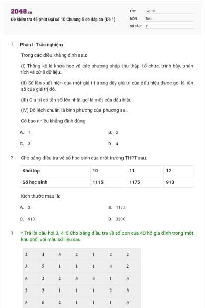 Đề kiểm tra 45 phút Đại số 10 Chương 5 có đáp án (Đề 1)