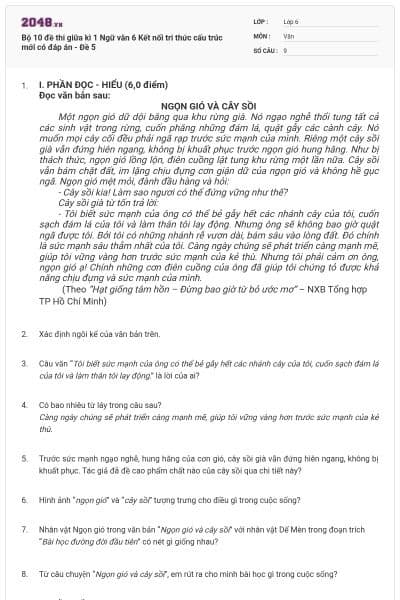 Bộ 10 đề thi giữa kì 1 Ngữ văn 6 Kết nối tri thức cấu trúc mới có đáp án - Đề 5