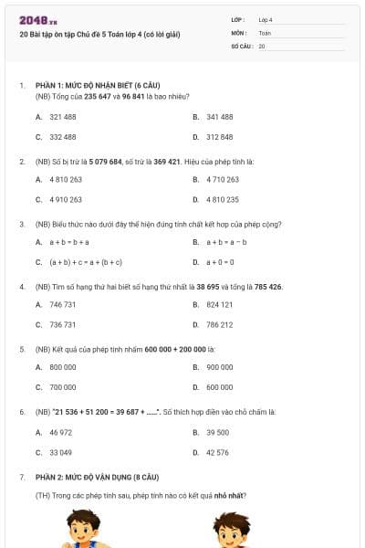 20 Bài tập ôn tập Chủ đề 5 Toán lớp 4 (có lời giải)