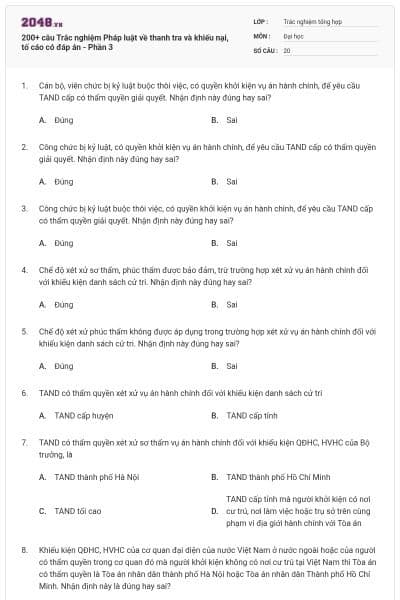 200+ câu Trắc nghiệm Pháp luật về thanh tra và khiếu nại, tố cáo có đáp án - Phần 3