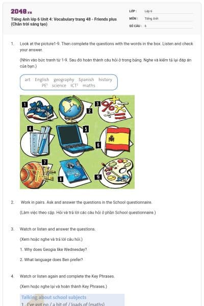Tiếng Anh lớp 6 Unit 4: Vocabulary trang 48 - Friends plus (Chân trời sáng tạo)