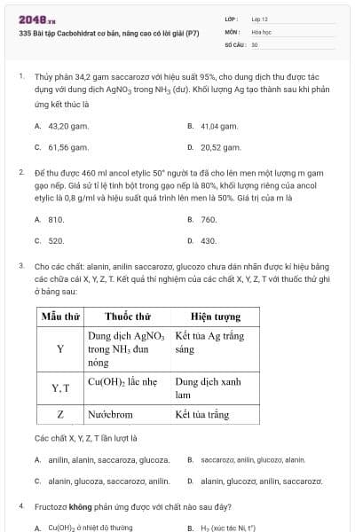 335 Bài tập Cacbohidrat cơ bản, nâng cao có lời giải (P7)