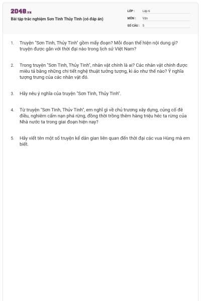 Bài tập trắc nghiệm Sơn Tinh Thủy Tinh (có đáp án)  