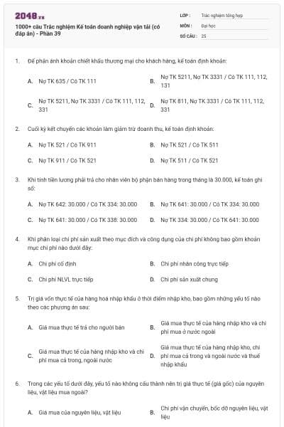 1000+ câu Trắc nghiệm Kế toán doanh nghiệp vận tải (có đáp án) - Phần 39