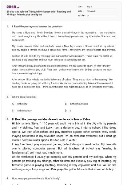 20 câu trắc nghiệm Tiếng Anh 6 Starter unit - Reading and Writing - Friends plus có đáp án