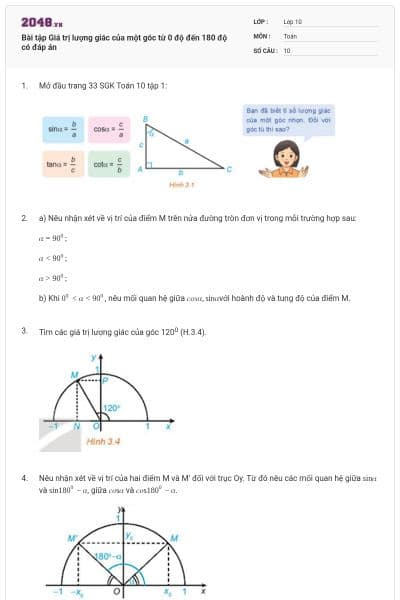 Bài tập Giá trị lượng giác của một góc từ 0 độ đến 180 độ có đáp án