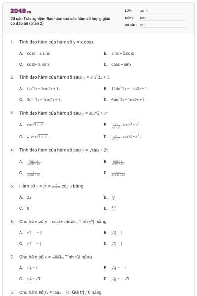 23 câu Trắc nghiệm Đạo hàm của các hàm số lượng giác có đáp án (phần 2)