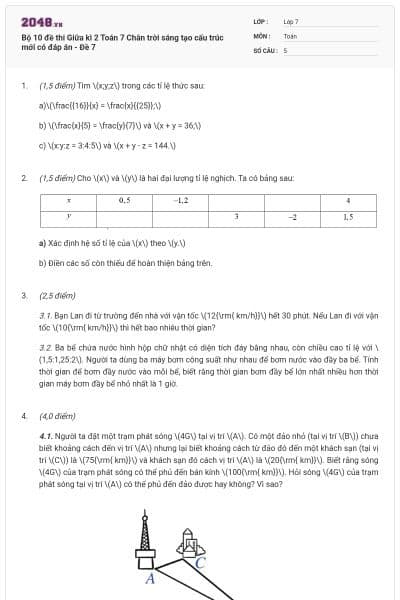 Bộ 10 đề thi Giữa kì 2 Toán 7 Chân trời sáng tạo cấu trúc mới có đáp án - Đề 7