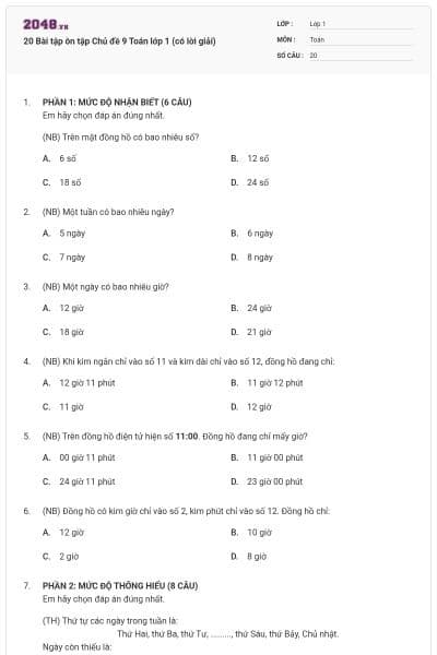 20 Bài tập ôn tập Chủ đề 9 Toán lớp 1 (có lời giải)