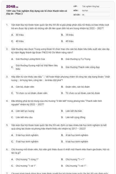 100+ câu Trắc nghiệm Xây dựng các tổ chức thanh niên có đáp án - Phần 2