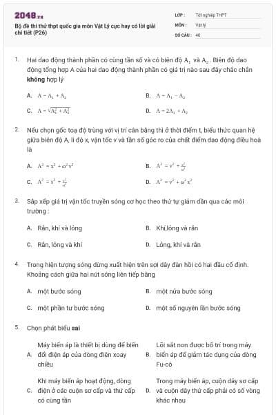 Bộ đề thi thử thpt quốc gia môn Vật Lý cực hay có lời giải chi tiết (P26)