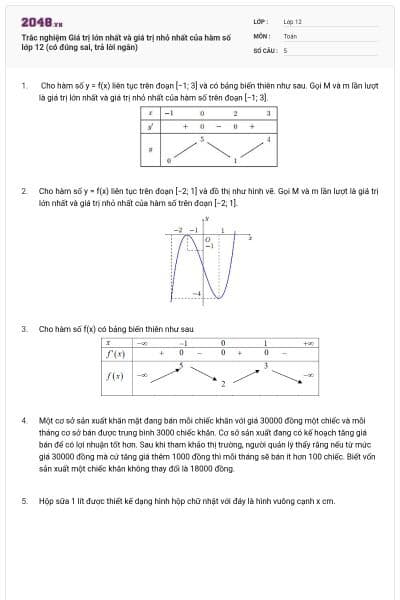 Trắc nghiệm Giá trị lớn nhất và giá trị nhỏ nhất của hàm số lớp 12 (có đúng sai, trả lời ngắn)