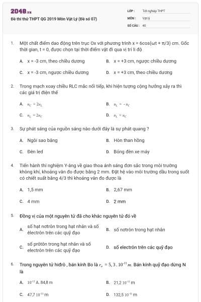 Đề thi thử THPT QG 2019 Môn Vật Lý (Đề số 07)