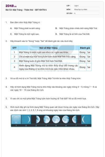 Bài 53: Mặt Trăng - Thiên thể - SBT KHTN 6