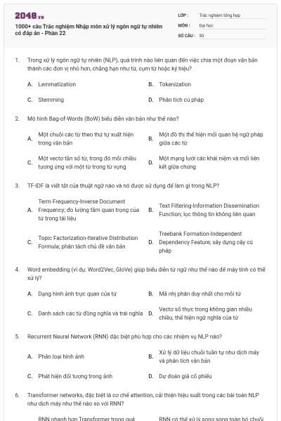 1000+ câu Trắc nghiệm Nhập môn xử lý ngôn ngữ tự nhiên có đáp án - Phần 22