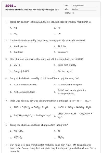 Đề thi thử THPTQG 2019 Hóa Học mức độ cơ bản (đề số 8)