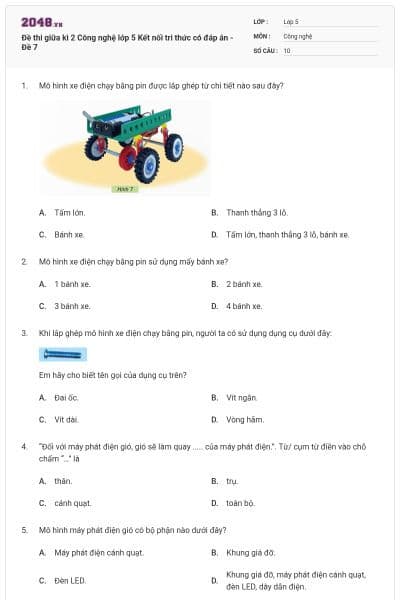 Đề thi giữa kì 2 Công nghệ lớp 5 Kết nối tri thức có đáp án - Đề 7