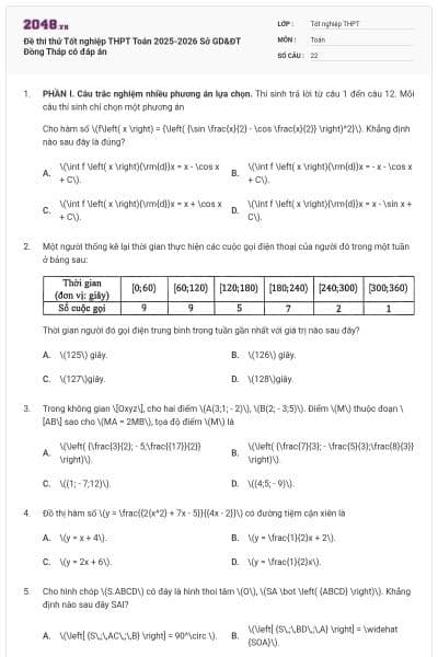 Đề thi thử Tốt nghiệp THPT Toán 2025-2026 Sở GD&ĐT Đồng Tháp có đáp án