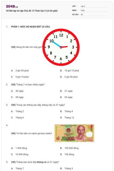 20 Bài tập ôn tập Chủ đề 13 Toán lớp 3 (có lời giải)