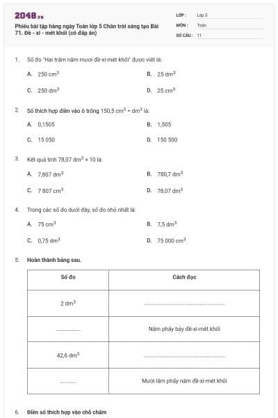 Phiếu bài tập hàng ngày Toán lớp 5 Chân trời sáng tạo Bài 71. Đề - xi - mét khối (có đáp án)