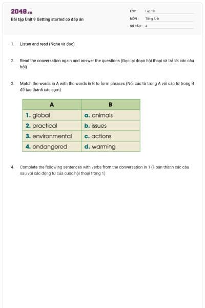 Bài tập Unit 9 Getting started có đáp án