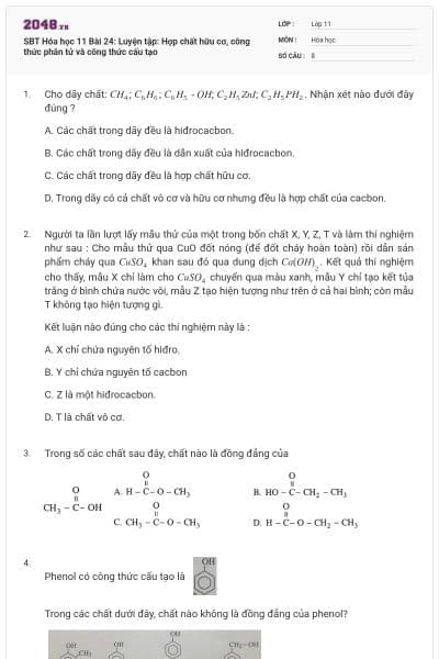 SBT Hóa học 11 Bài 24: Luyện tập: Hợp chất hữu cơ, công thức phân tử và công thức cấu tạo