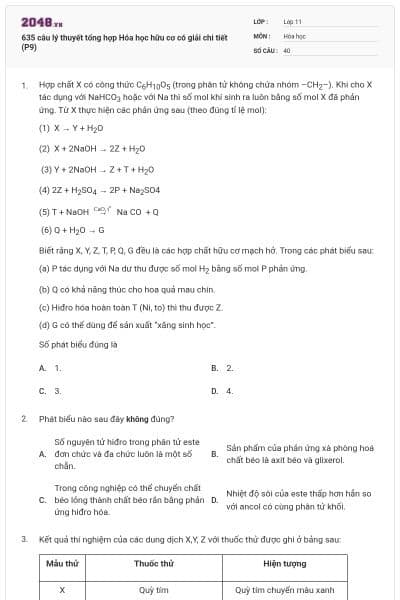 635 câu lý thuyết tổng hợp Hóa học hữu cơ có giải chi tiết (P9)