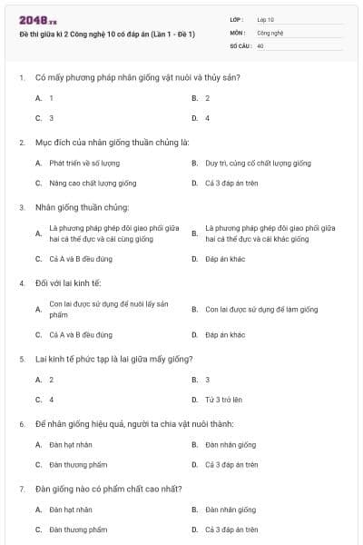 Đề thi giữa kì 2 Công nghệ 10 có đáp án (Lần 1 - Đề 1)