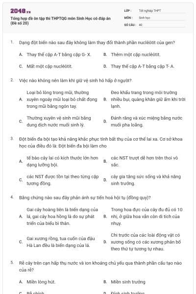 Tổng hợp đề ôn tập thi THPTQG môn Sinh Học có đáp án (Đề số 20)