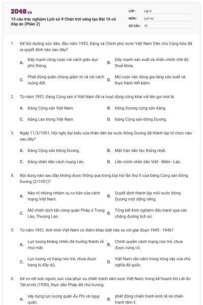 15 câu trắc nghiệm Lịch sử 9 Chân trời sáng tạo Bài 16 có đáp án (Phần 2)