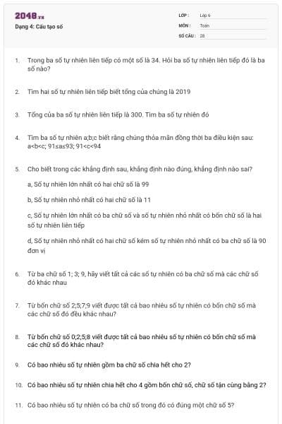Dạng 4: Cấu tạo số