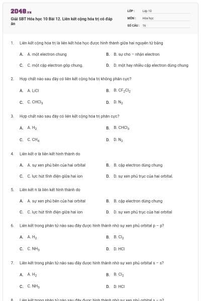 Giải SBT Hóa học 10 Bài 12. Liên kết cộng hóa trị có đáp án