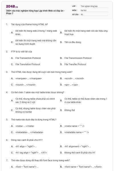 300+ câu trắc nghiệm tổng hợp Lập trình Web có đáp án - Phần 7
