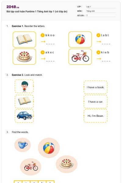 Bài tập cuối tuần Funtime 1 Tiếng Anh lớp 1 (có đáp án)