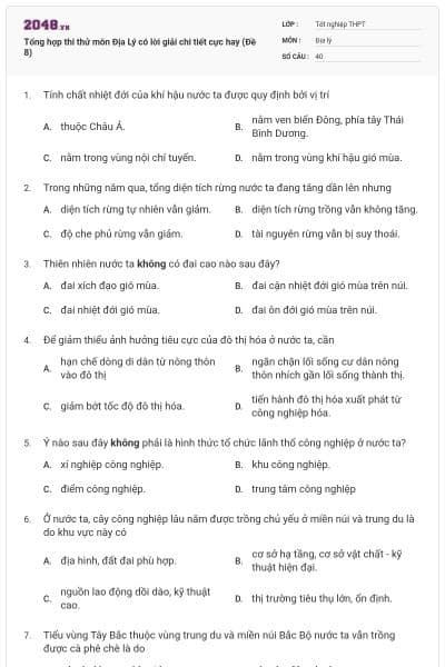 Tổng hợp thi thử môn Địa Lý có lời giải chi tiết cực hay (Đề 8)