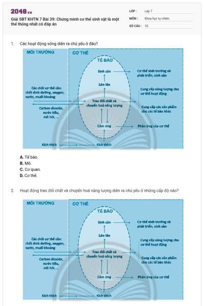 Giải SBT KHTN 7 Bài 39: Chứng minh cơ thể sinh vật là một thể thống nhất có đáp án