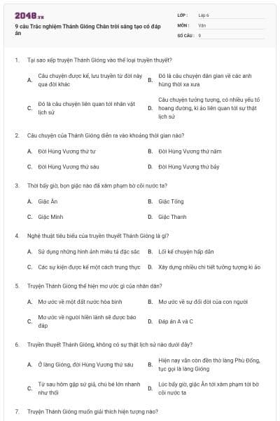 9 câu Trắc nghiệm Thánh Gióng Chân trời sáng tạo có đáp án