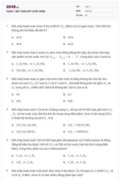 DẠNG 1 BÀI TOÁN ĐỐT CHÁY AMIN