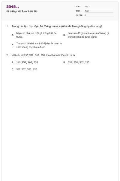 Đề thi học kì I Toán 3 (Đề 10)