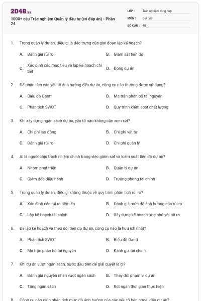 1000+ câu Trắc nghiệm Quản lý đầu tư (có đáp án) - Phần 24
