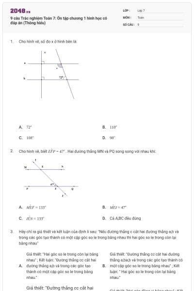 9 câu Trắc nghiệm Toán 7: Ôn tập chương 1 hình học có đáp án (Thông hiểu)