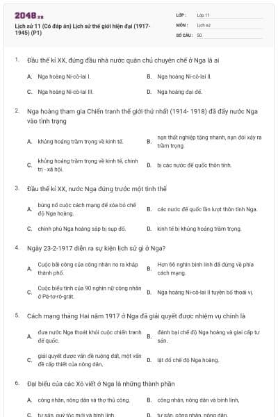 Lịch sử 11 (Có đáp án) Lịch sử thế giới hiện đại (1917-1945) (P1)